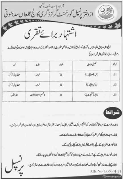 Advertisement for Job at Government Girls Degree College AJK