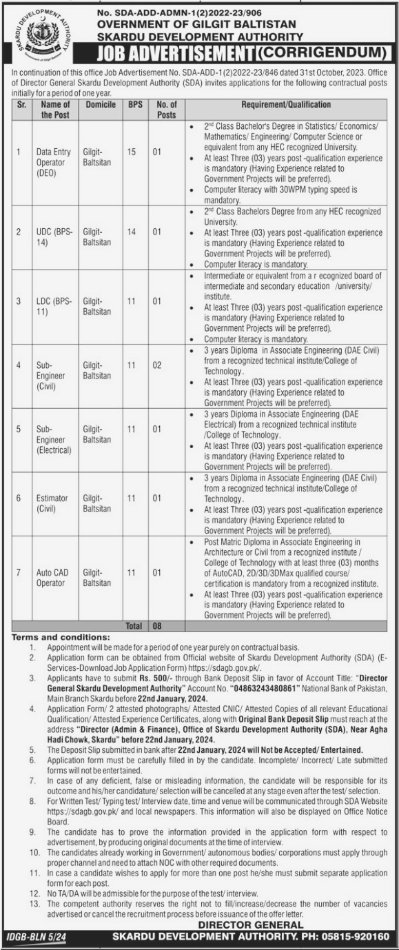 Job Advertisement at Skardu Development Authority SDA Skardu