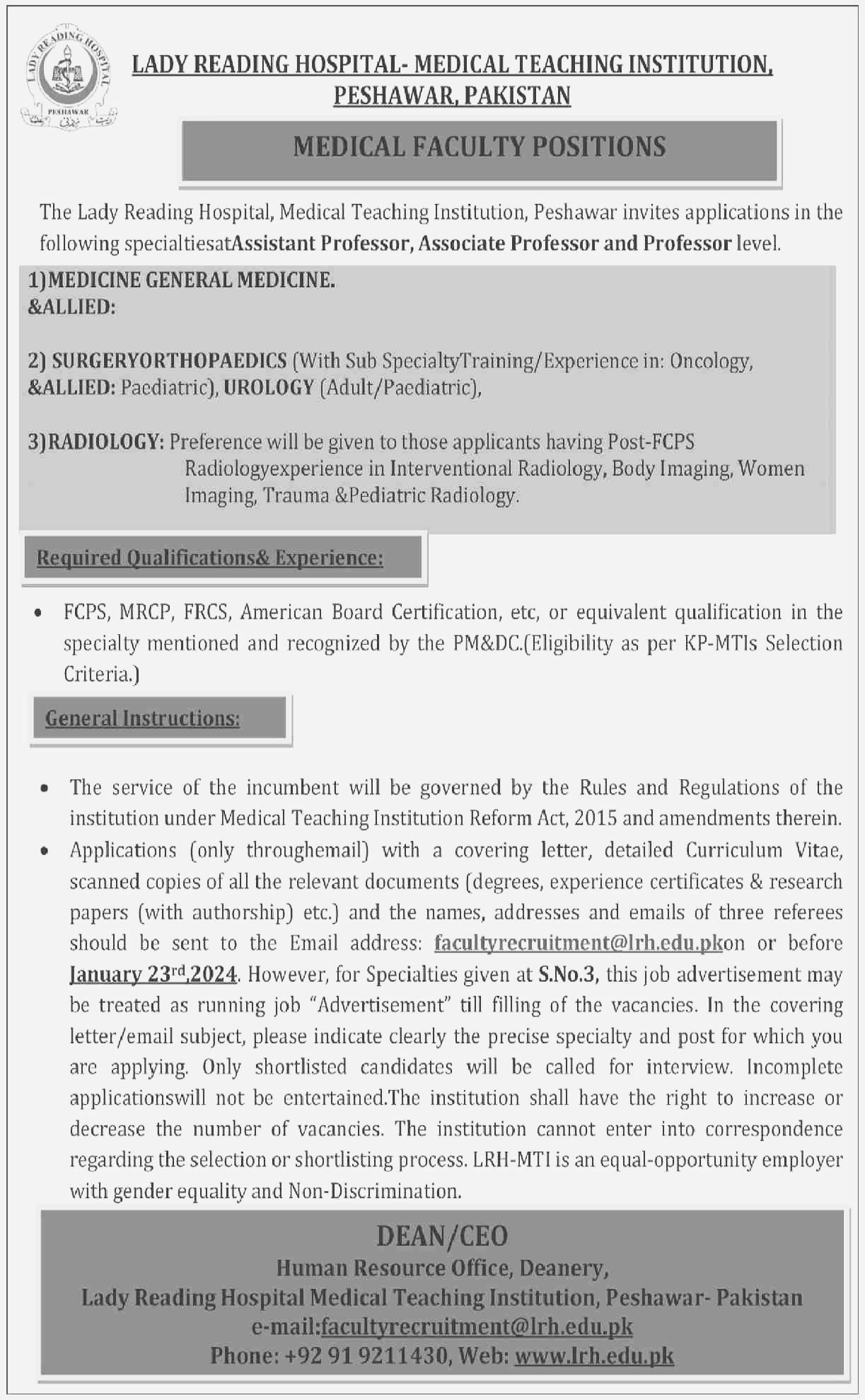 Position Announced at Lady Reading Hospital Peshawar