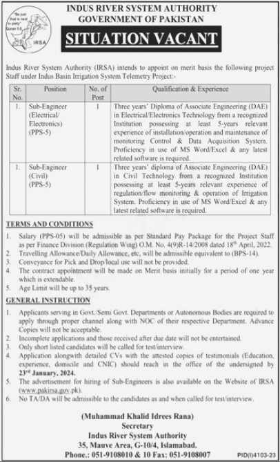 Indus River System Authority IRSA Jobs 2024