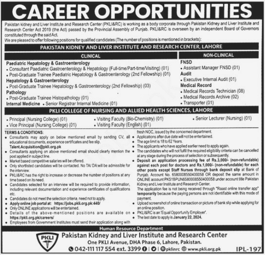 Pakistan Kidney & Liver Institute PKLI Jobs 2024