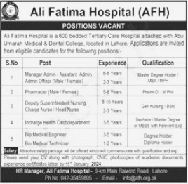 Ali Fatima Hospital Jobs 2024 Lahore