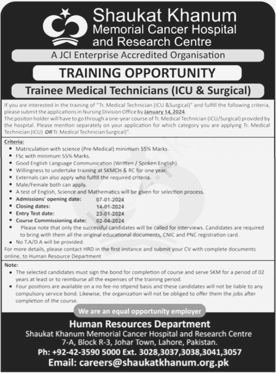 Shaukat Khanum Hospital Lahore Jobs 2024