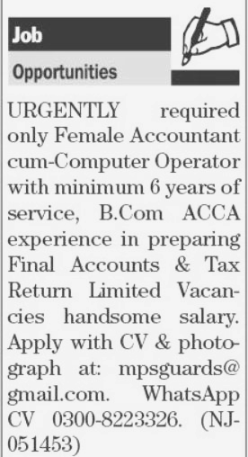 Accountant cum Computer Operator Jobs in MPS Guard Company