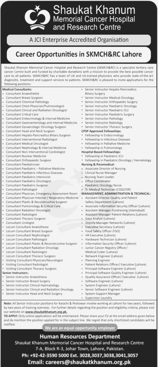 Medical Jobs in Shaukat Khanum Memorial Cancer Hospital and Research Centre