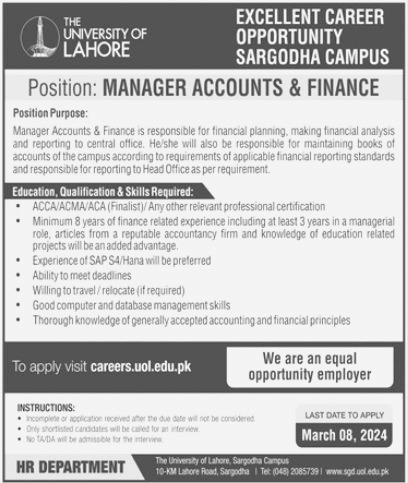 Manager Accountant & Finance Jobs in The University of Lahore UoL